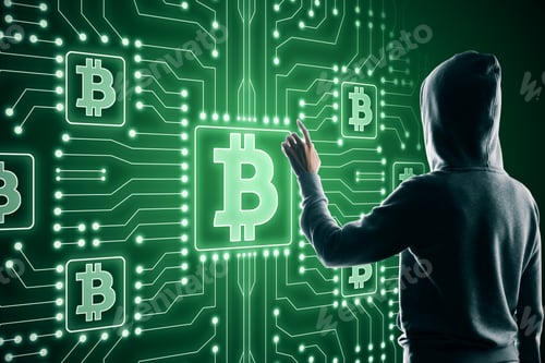 Preview: Cryptography And Innovation Concept. Hacker Using Abstract Glowing Green Bitcoin Circuit Interface