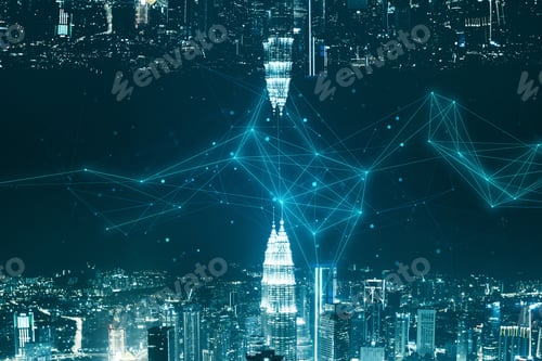 Preview: Global Internet Technology Concept With Abstract Glowing Lines And Abstract Upside Down Cityscape.