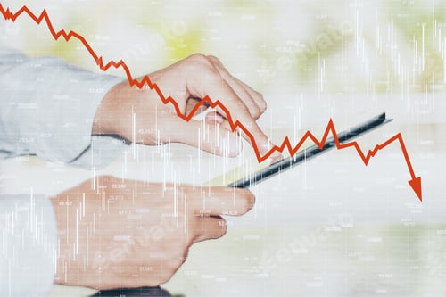Preview: Close Up And Side View Of Hands Using Smartphone With Downward Red Chart Arrow. Decrease, Internet
