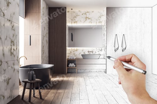 Preview: Hand Drawing Bathroom With Bathtub And Self Care Products. Style And Hygiene Concept. Mock Up.