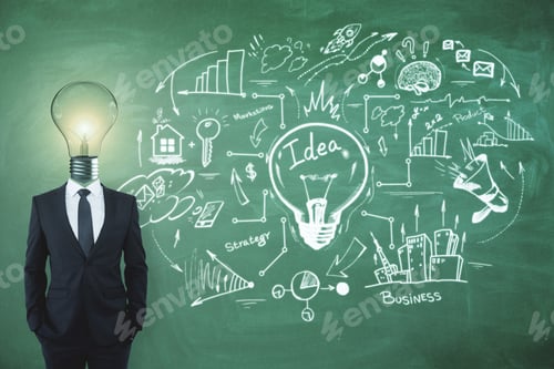 Preview: Lamp Headed Businessman On Chalkboard Background With Business Sketch. Idea, Solution And Finance