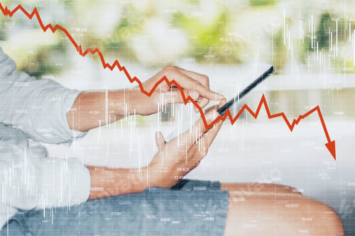 Preview: Close Up And Side View Of Hands Using Smartphone With Downward Red Chart Arrow. Decrease, Internet