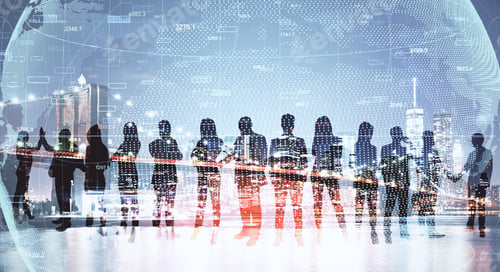 Preview: Abstract Crowd Silhouette On City Background With Glowing Globe. Success And Teamwork Concept