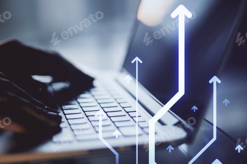 Preview: Close Up Of Hands Using Laptop With Glowing Digital Arrows On Blurry Office Desktop Background
