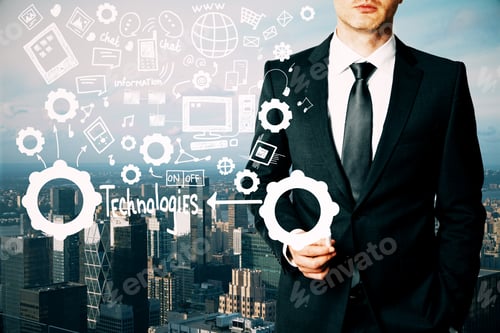 Preview: Businessman Drawing Creative Technologies, Information And Social Media Sketch On City Background
