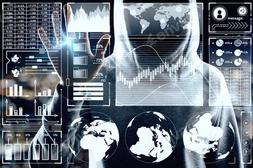 Preview: Malware And Global Concept. Hacker Using Digital Business Interface On Blurry Night City