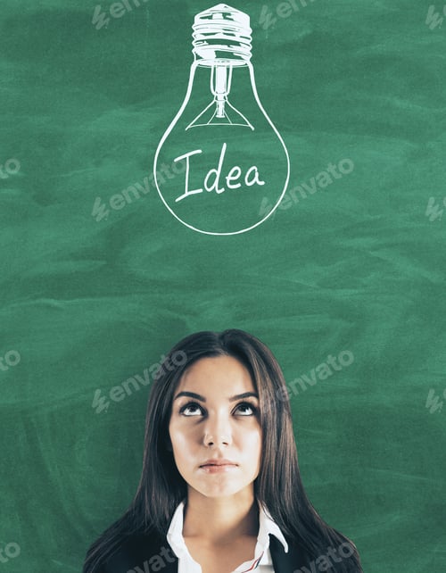 Preview: Portrait Of Pretty Young European Businesswoman With Lamp Sketch On Chalkboard Background. Idea And