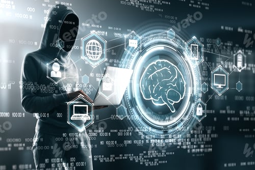 Preview: Hacker With Hologram On Blurry Interior Background. Malware And Theft Concept.