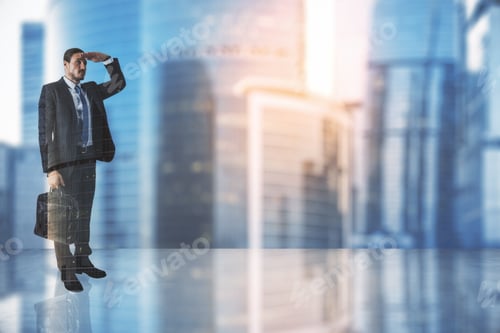 Preview: Looking Into The Future Concept With Businessman On Glossy Surface And Sunset City Skyscrapers With