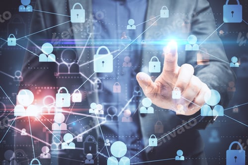 Preview: Businessman Using Glowing Digital Padlock Interface. Access And Safety Concept. Double Exposure