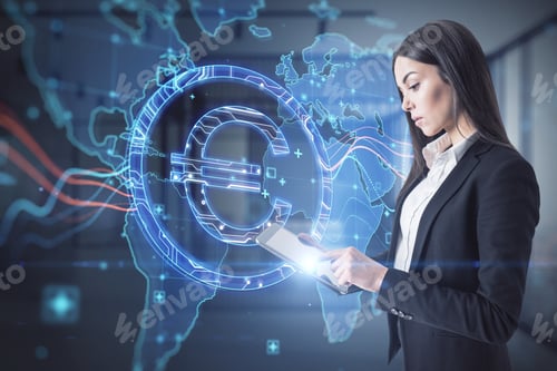 Preview: Attractive Young European Businesswoman Using Tablet With Abstract Glowing Map And Euro Sign