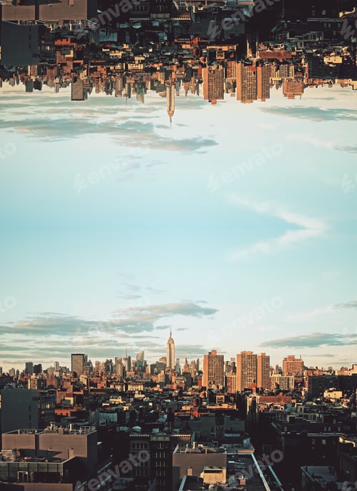 Preview: Abstract Upside Down City On Clear Sky Background. Copy Space.