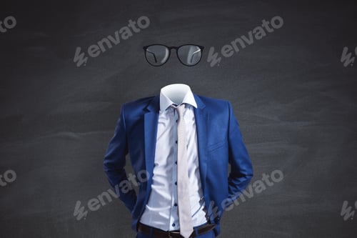Preview: Headless Invisible Businessman With Abstract Glasses Standing On Gray Chalkboard Background