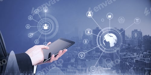 Preview: Close Up Of Businessman Hand Pointing At Pad With Abstract Glowing Business Data And Earth Hologram