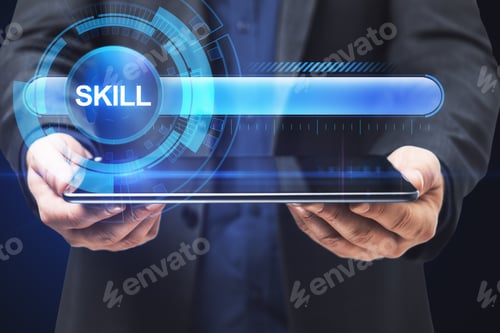 Preview: Close Up Of Businessman Hand Holding Tablet With Abstract Glowing Skill Bar On Blue Background