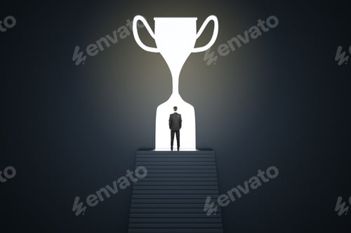 Preview: Businessman Silhouette In A Trophy Shaped Doorway, Dark Room, Success And Leadership Concept