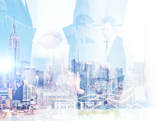 Preview: Abstract Image Of Businessmen Using Laptop And Shaking Hands On City Background. Digital Business