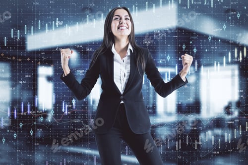 Preview: Attractive Happy Young European Businesswoman Celbrating Success In Blurry Office Interior With