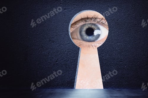 Preview: Creative Keyhole Opening With Eye On Concrete Wall Background. Access And Vision Concept