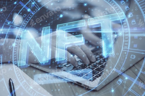 Preview: Close Up Of Hands Using Notebook Keyboard With Glowing Nft Non Fungible Token Concept Hologram On