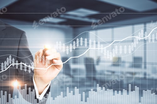 Preview: Close Up Of Businessman Hand Drawing Abstract Forex Chart On Glowing Blurry Office Interior