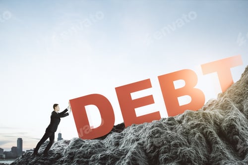 Preview: Abstract Image Of Businessman Pushing Debt Burden On Mountain. Bright Sky Background. Mock Up