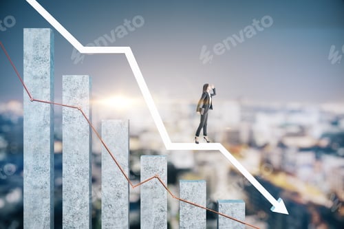 Preview: Businesswoman Standing On Falling Business Chart With Downtrend Graph On City Background. Trade