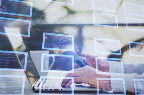 Vista previa: Close Up Of Businessman Hands Using Laptop And Cellphone With Abstract Creative Coding Programming