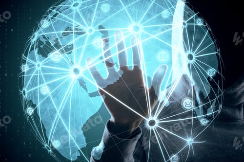 Preview: Hand Using Digital Map Interface On Blurry Background. Interactive Icons And Data Concept