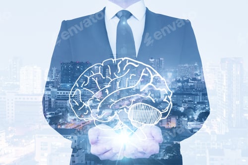 Preview: Businessman Holding Abstract Brain On Nigth City Background. Brainstorming Concept. Double Exposure