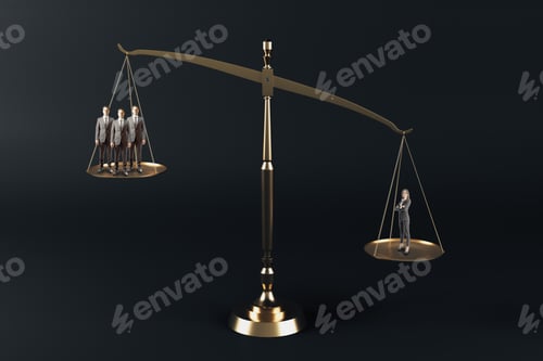Preview: Businesspeople Standing On Metal Scales On Black Background. Business And Teamwork Concept.