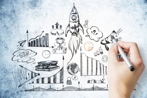 Preview: Hand Drawing Business Sketch With Charts And Flying Rocket On Concrete Wall. Success And Start Up