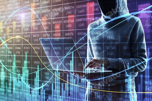 Preview: Hacker Using Laptop With Forex Chart Hologram On Blurry Background. Malware And Invest Concept