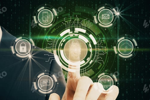 Preview: Businessman Hand Using Creative Finger Print Interface On Blurry Background. Password And Data