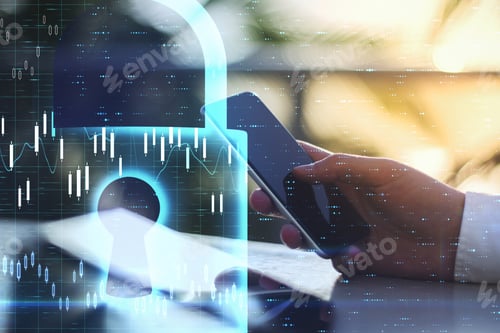 Preview: Businessman Hand Using Smartphone With Glowing Business Chart And Digital Lock. Business And