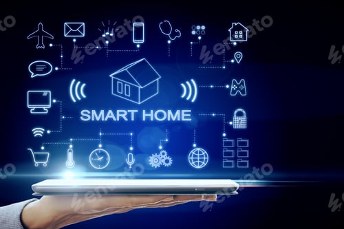 Preview: Hand Holding Tablet With Concept Of Smart Home Technology System With Centralized Control. 3D