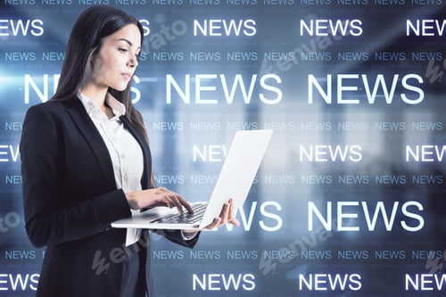 Preview: Businesswoman With Laptop. Innovation And News Media Concept
