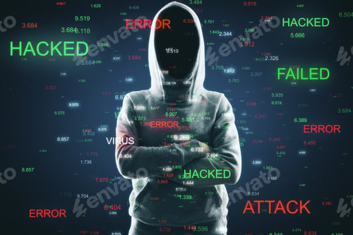 Preview: Hacking And Error Concept. Hacker On Abstract Digital Background With Words. Double Exposure