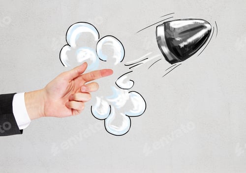 Preview: Shooting Or Aiming Businessman Hand On Concrete Background With Creative Bullet Sketch. Weapon