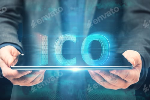 Preview: Close Up Of Business Man Hand Holding Tablet With Creative Glowing Ico Hologram On Blue Background