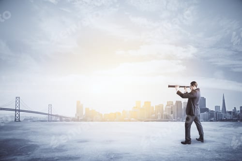 Preview: Side View Of Thoughtful Young Businessman Using Binoculars On City Background. Research And Vision