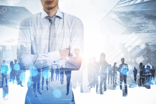 Preview: Crowd Of Businesspeople Standing On Abstract Bright City Background. Teamwork And Success Concept