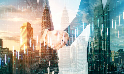 Preview: Two Thoughtful Young Businessmen Shaking Hands On Abstract City Background With Forex Chart
