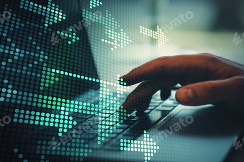 Preview: Side View Of Hands Using Notebook With Digital Arrows On Blurry Background. Technology And Data
