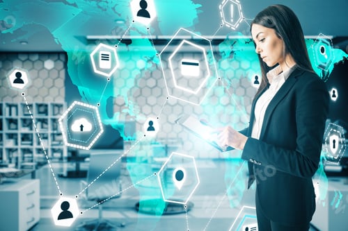 Preview: Businesswoman With Digital Tablet And Computing Cloud Hologram On World Map.. Idea And Marketing