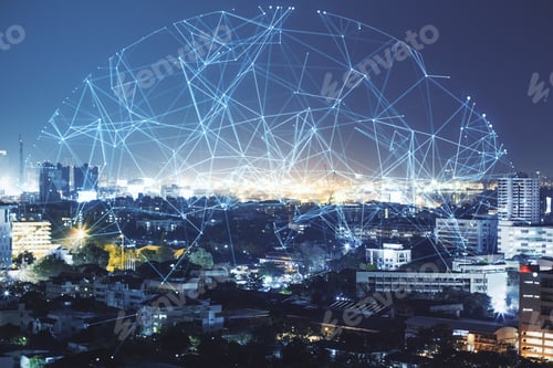 Preview: Creative Night City Wallpaper With Polygonal Sphere. Communication, Urbanization And Global