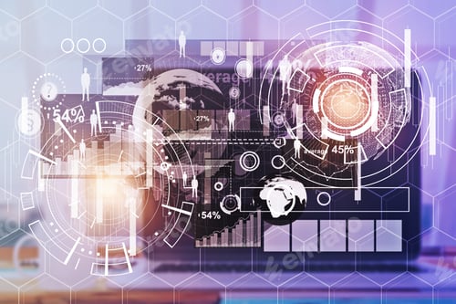 Preview: Workplace With Laptop On Desktop And Abstract Business Hologram. Touchscreen Concept. Double