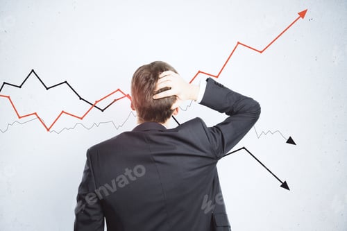 Preview: Thinking Businessman In Suit Looking On Arrows. Business And Financial Success Concept.