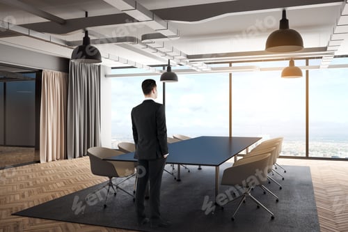 Preview: Side View Of Thoughtful Young Businessman Standing In Modern Meeting Room Interior With Furniture