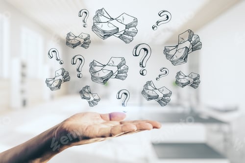 Preview: Hand Holding Dollar And Question Marks Sketches In The Bright Room, Startup And Business Education